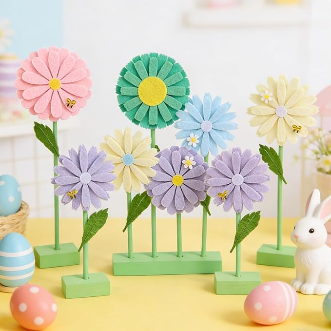 SUNBEAUTY 8PCS Daisy Party Decorations Felt Flowers Daisy Centerpieces for Tables Spring Flower Tables Decor Pastel Flower Table Decorations for Girl Birthday Baby Shower Spring Garden Home Decor