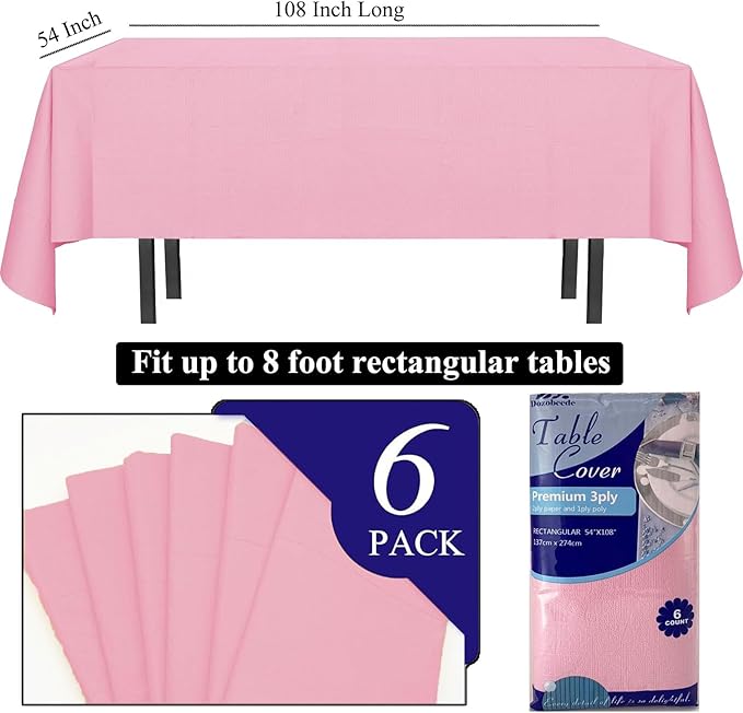 [6 Pack] Pink Paper Tablecloth Disposable for Rectangle Tables, 54 X 108 Inch Party Table Cover with Plastic Backing, Waterproof 3 Ply Table Cloth for Wedding Valentine's Day Parties
