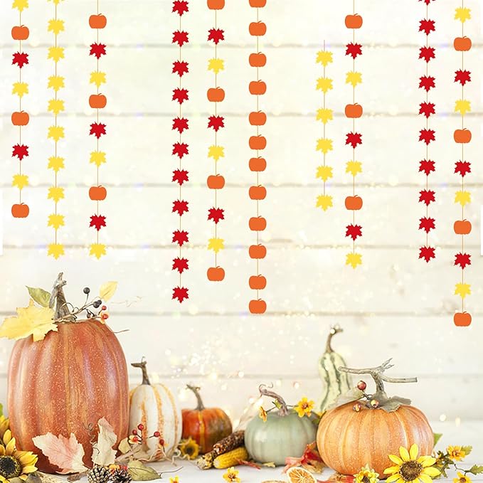 Fall-Autumn Leaves-Pumpkin Party-Decorations Streamers Garland - 5pcs Orange Baby Shower Birthday Maple Leaf Hanging Paper Banner,Harvest Friendsgiving Room Decor Banners Lasting Surprise