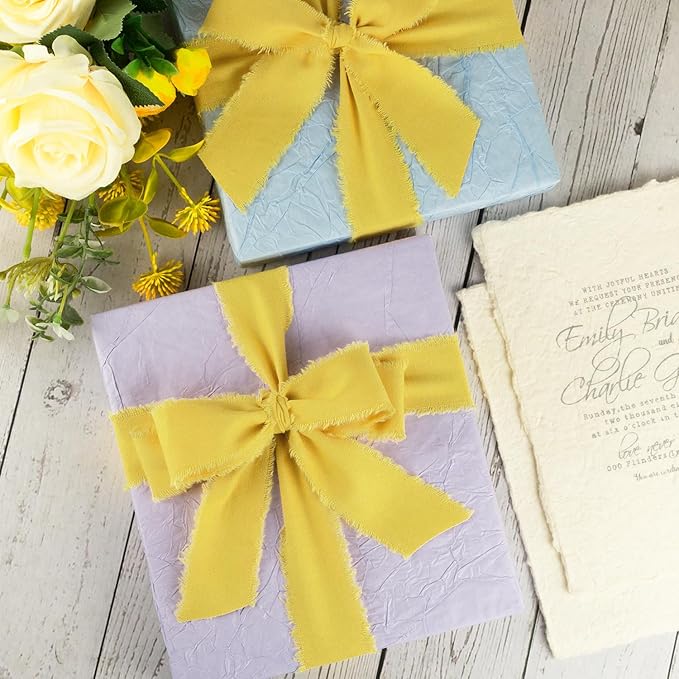Yellow Cotton Ribbon 1-1/2 Inch Mustard Yellow 3 Rolls 21 Yards Frayed Edge Fabric Set for Wedding Decor, Bridal Bouquet Wrap, Baby Shower, Gift Wrapping & Fall Decor