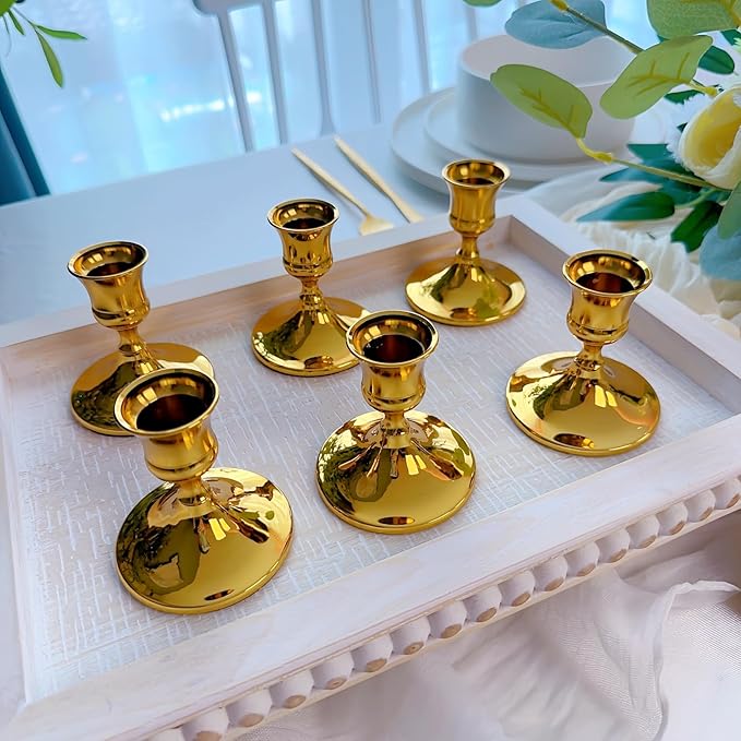 Vintage Gold Taper Candle Holders, Set of 2, Metal Taper Candlestick Holder for Dinner Room Table Centerpiece, Wedding Reception, Festive,Mantel Decoration, Home Decor (Titanium Gold)