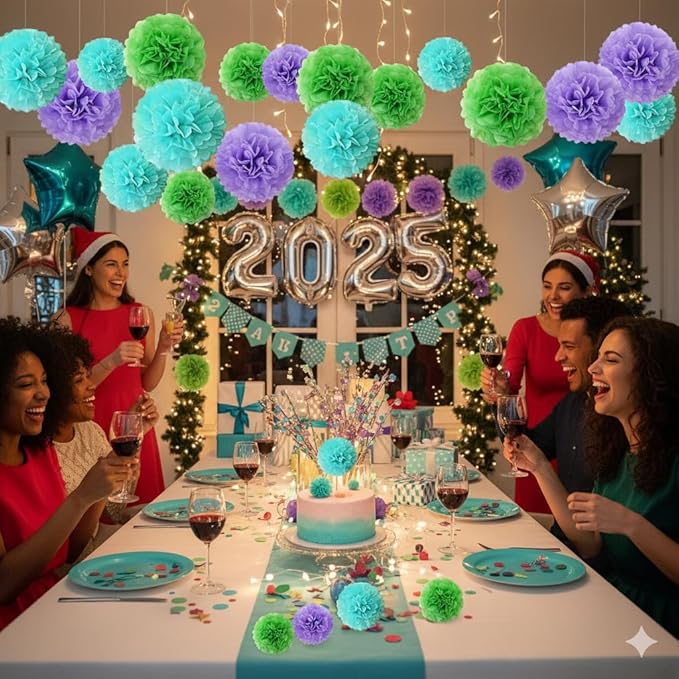 Green Blue and Purple Paper Pom Poms (12 Pack) - Hanging Tissue Flowers for Birthday Party Ceiling Decorations
