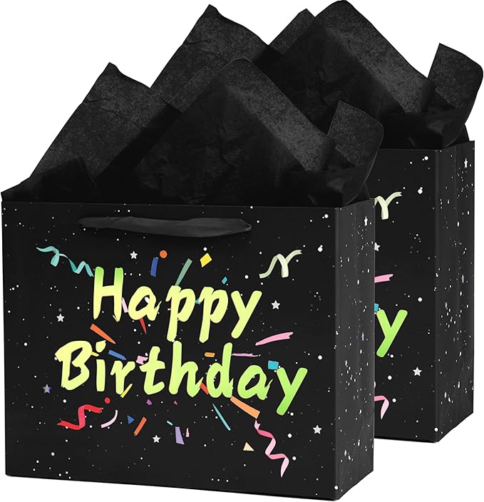 Febbleshow Black Birthday Gift Bags with Tissue Paper - Matte Finish with Gold Foil Lettering and Confetti Design - Birthday Party Gift Bag for Men Women Kids - 13"x10.3"x4.7" (Pack of 2)