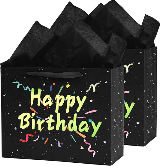 Febbleshow Black Birthday Gift Bags with Tissue Paper - Matte Finish with Gold Foil Lettering and Confetti Design - Birthday Party Gift Bag for Men Women Kids - 13"x10.3"x4.7" (Pack of 2)