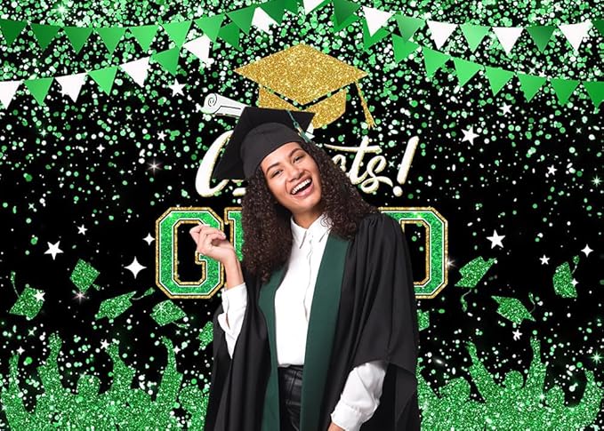 Mocsicka Graduation Party Decorations 2026 Congrats Grad Backdrops for Photography Bachelor Cap Congratulations Grad Photo Backdrop Graduation Prom Party Supplie (Green, 10x8ft(120x96 inch))