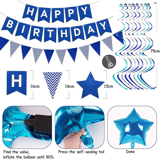 Blue Birthday Decorations, Happy Birthday Banner and Blue Star Balloons, Glitter Hanging Stars with Hanging Swirls, Bunting Banner, for Women Men Boys Party Decoration