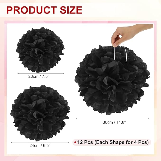 PATIKIL 8" 10" 12" Tissue Paper Pom Poms, 12PCS Pom Poms Paper Flowers Ball Tissue Paper Flowers for Wedding Bridal Shower Birthday Bachelorette Party Backdrop Decoration, Black