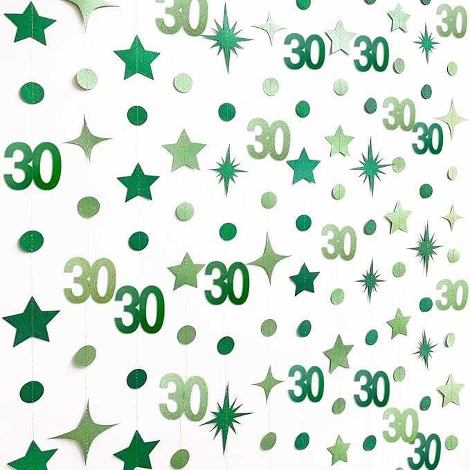Green 30th Birthday Decorations Number 30 Circle Dot Star Garland Glitter Streamer Banner Backdrop for Women Men Dirty Thirty Cheers to 30 Years Old Birthday 30th Anniversary Party Supplies