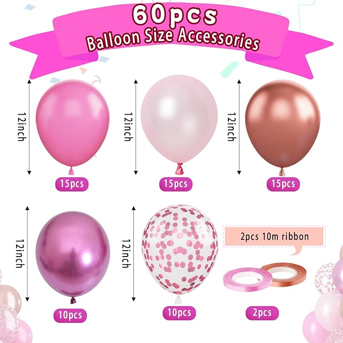Paready Pink Confetti Balloons, 60 Pcs 12 Inch Metallic Red Rose Gold and Pink Latex Confetti Balloons for Birthday Baby Shower Engagement Anniversary Wedding Bridal Shower Party Graduation Decoration