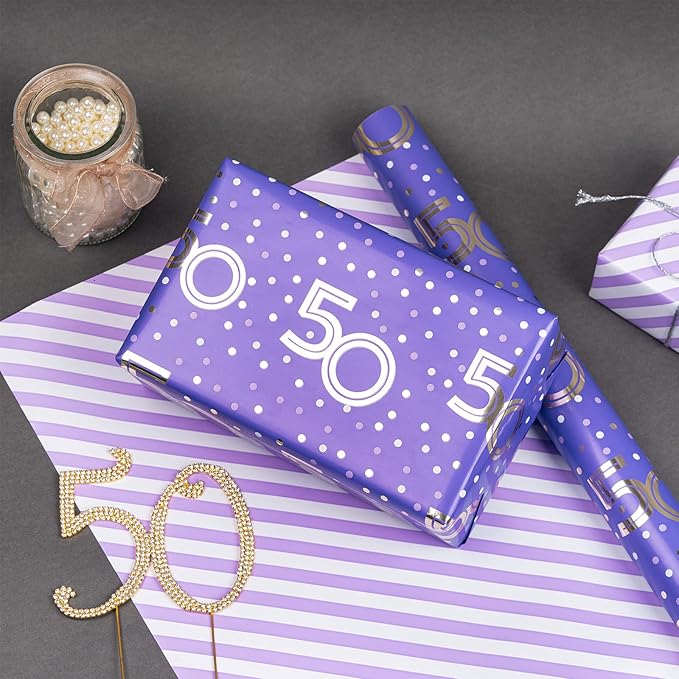 MAYPLUSS Reversible Birthday Wrapping Paper Roll - Mini Roll - 17.3 Inch X 32.8 Feet - Purple 50th Birthday with Glitter Metallic Foil/Stripes (47.3 sq.ft.ttl)
