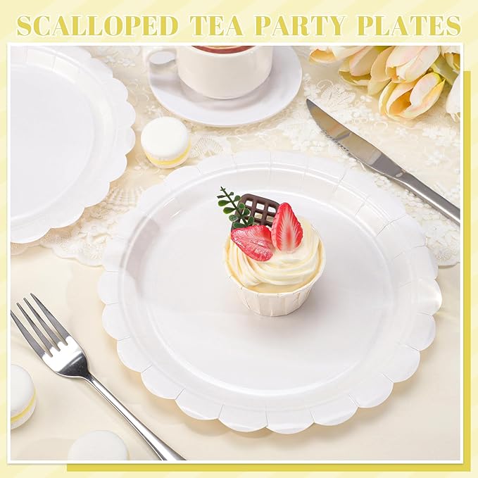 NatNarr 30 Pcs Scalloped Plates 9 Inch Disposable Graduation Paper Plates White Cute Dessert Cake Plate Dinner Party Plate for Congrats Grad, Wedding, Birthday, Engagement