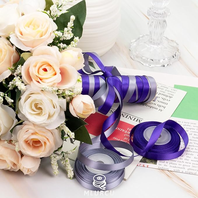Thin Purple Ribbon 3/8 Inch x 60Yds Assorted Lavender, Lilac, Dark Purple, Double Faced Satin Ribbon for Flower Bouquet, Gift Wrapping, Wedding Invitation, Bridal Shower, Hair Bows, Gift Bags, Crafts