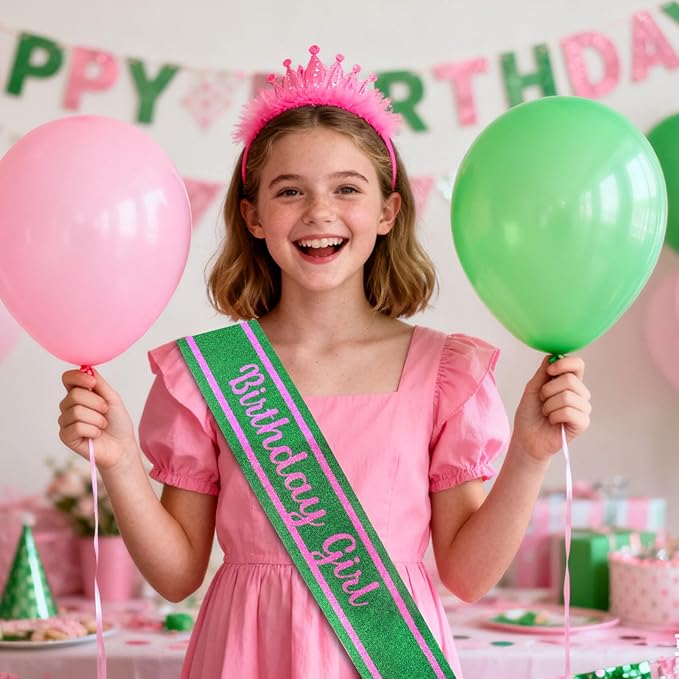 Pink Green Birthday Sash for Girls, Letter "Birthday Girl" Witch Themed Sash with Glitter Foil, Happy Funny Accessories for Party Favors Supplies