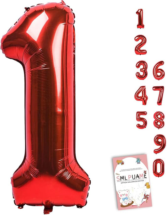 40 Inch Red Number Balloon 0-9, Large Foil Self-Sealing Number 1 Balloon for Birthday Party, Wedding Anniversary, Celebration Decorations, Helium Digital Balloons Supplies