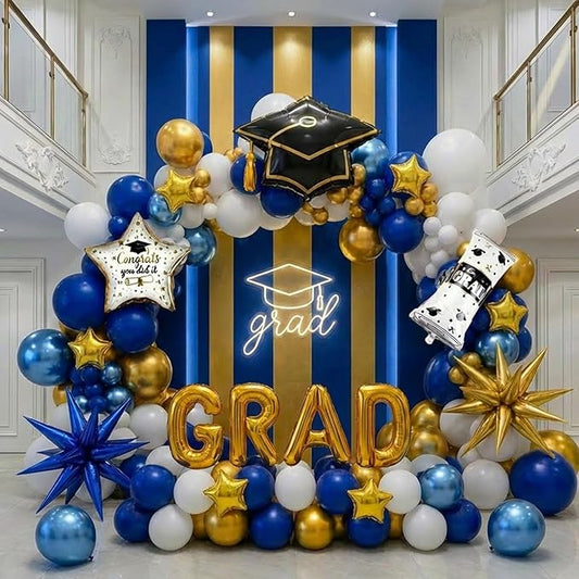 Blue White Gold Graduation Balloon Garland Arch Kit with Graduation Star print Certificate Letter Foil Balloons for Graduate Class of 2026 Grad Prom party Decorations Supplies (Blue White)