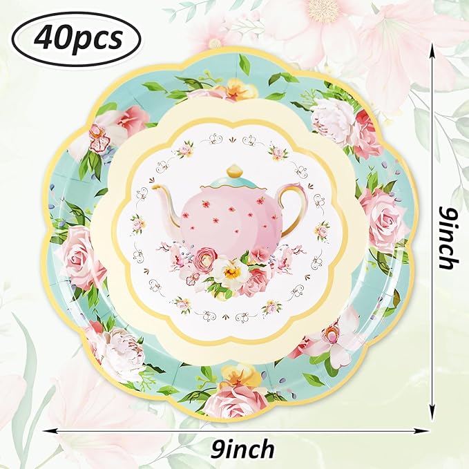 Whaline Spring Vintage Floral Paper Plates 9 Inch Tea Party Teapot Flower Disposable Salad Dessert Plates for Summer Birthday Wedding Baby Bride Shower Tableware Supplies 40Pcs
