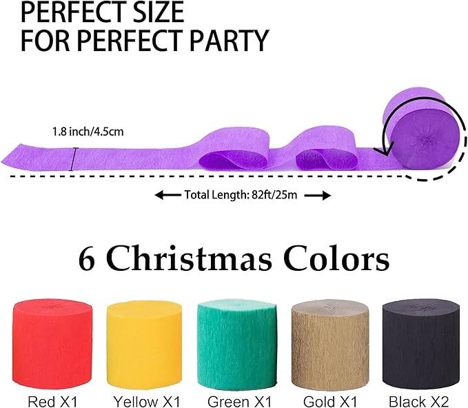 Crepe Paper Streamers 6 Rolls 492ft, Pack of Red Yellow Gold Black Green Streamers for Party Decoration,Christmas Decoration,Black History Month Decorations,(1.8 Inch x 82 Ft/Roll)