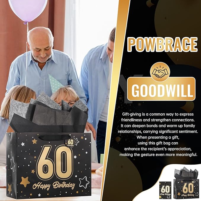 Powbrace 13" Black 60th Birthday Gift Bag with Tissue Paper and Greeting Card for Party,Happy Birthday Gift Bag for Men Women,Gift Bags Medium size(1 Black 60th)