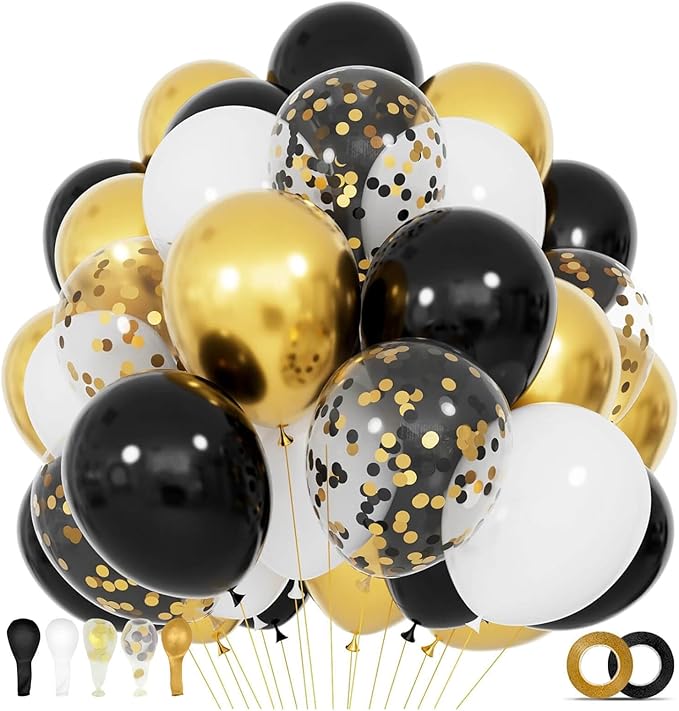 68Pcs Black White Gold Balloons with 12 Inch Black Gold Confetti Balloons for Graduation Birthday Wedding Party Decorations