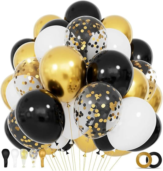 68Pcs Black White Gold Balloons with 12 Inch Black Gold Confetti Balloons for Graduation Birthday Wedding Party Decorations
