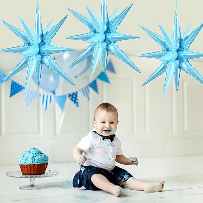 TONIFUL 4 Pcs 22inch 4D Light Blue Explosion Star Mylar Balloons 14Point Star Balloons for Party Backdrop Christmas,New Year Birthday, Wedding Baby Shower Anniversary Photo Booth Supplies