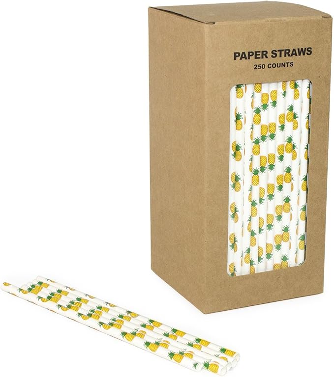 Yellow Pineapple Paper Straws Bulk, Kids Cute Fruit Paper Drinking Straws for Wedding 1st Birthday Party Holiday Luau Beach Bachelorette, Cake Pop Sticks (Pineapple, 250)