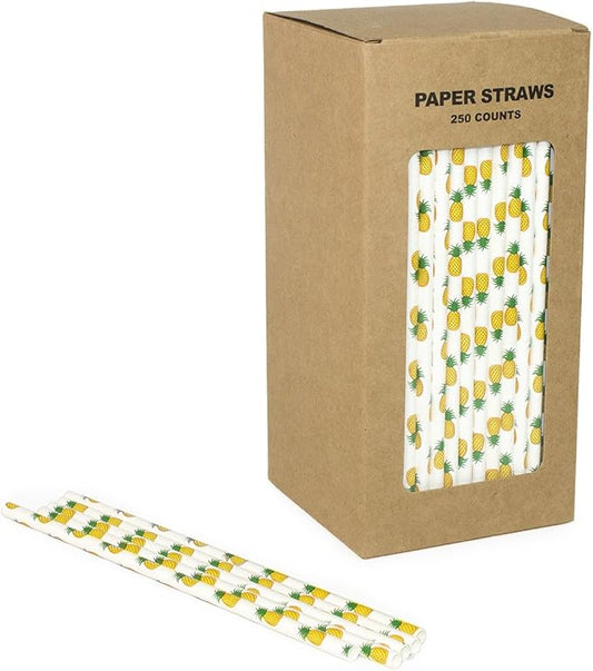 Yellow Pineapple Paper Straws Bulk, Kids Cute Fruit Paper Drinking Straws for Wedding 1st Birthday Party Holiday Luau Beach Bachelorette, Cake Pop Sticks (Pineapple, 250)