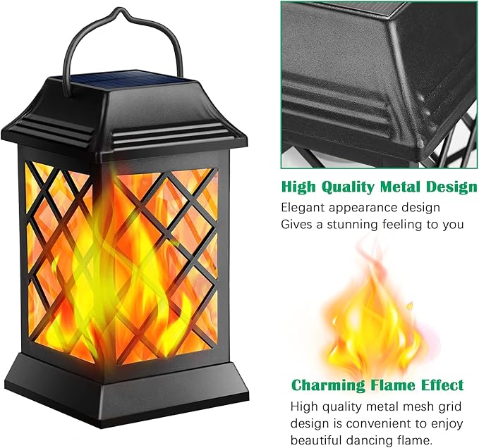 TomCare Solar Lights Outdoor Flickering Flame Metal Solar Lantern Outdoor Hanging Decorative Lanterns Heavy Duty Waterproof Umbrella Decorations Lighting for Patio Garden Deck Yard, 2 Pack (Black)