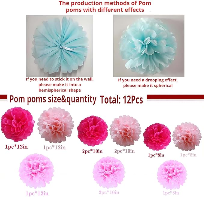 Hot Pink Tissue Paper Pom Poms12Pcs Hanging Paper Flowers for Valentine's Women's Mother's Day Bachelorette Engagement Wedding Birthday Graduations Christmas Any Pink Party Decor