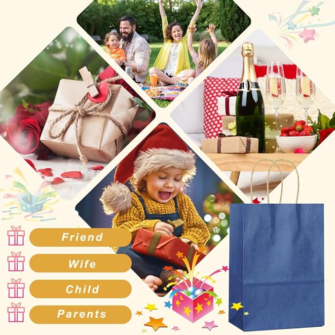 25 PCS Small Dark Blue Gift Bags Kraft Paper Bags with Handles for Party Favor (8.2 x 6 x 3.1 in)