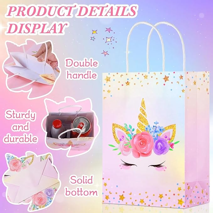 Gersoniel 16 Pcs Unicorn Party Favor Bags with Handles Unicorn Gift Goodie Treat Bags for Birthday Party Favors Supplies(8.27 x 5.9 x 3.15 Inch,For Girls)