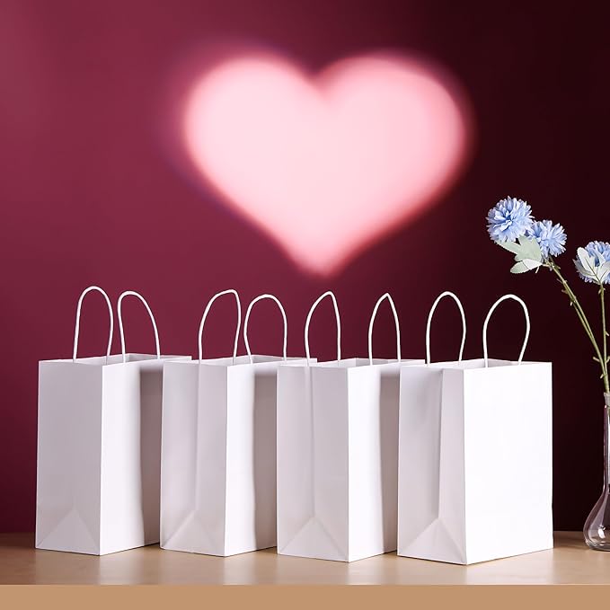 SUNCOLOR White Kraft Paper Gift Bags with Handles, 25 Pack, Medium 8x4.5x10 Inches, Sturdy Recyclable Shopping Bags for Party Favors, Retail, Weddings, and DIY Branding