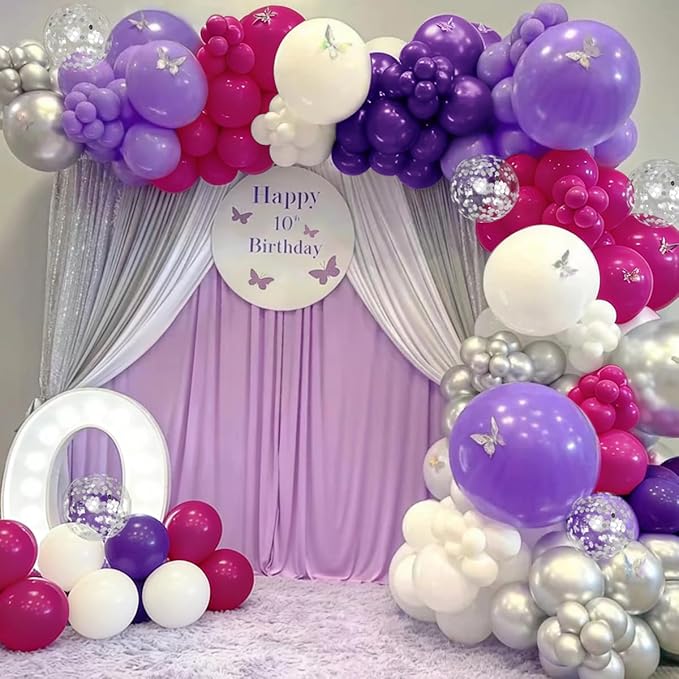 MEBAY Hot Pink Purple Silver Baloon Garland Arch Kit, 146Pcs Latex Balloons Different Sizes 18 12 10 5 inch for Women Girls Birthday Baby Shower Wedding Party Decorations