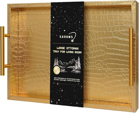 SXNOWS 17"x12" Gold Faux Leather Serving Tray with Gold Handles, Rectangle Decorative Tray for Ottoman, Coffee Table, Kitchen, Bar, Gift for Home Decor