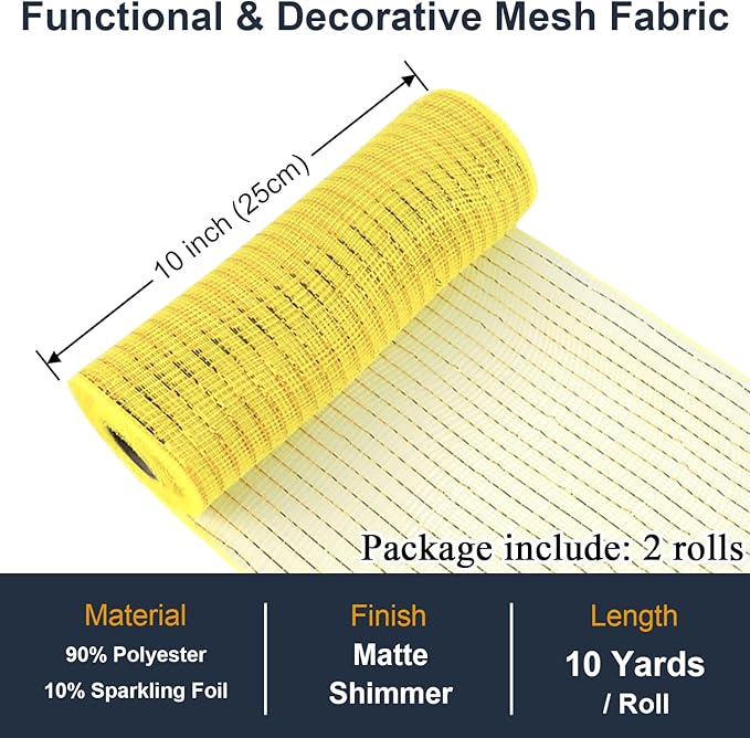 2 Pcs Yellow Deco Mesh Ribbon Rolls 10 Inch 10 Yards(30 ft) Decorative Mesh Fabric with Foil for Wreaths Christmas Tree Ribbon Door DIY Craft Halloween Decor Wedding Party Supplies (Yellow, 2Pcs)