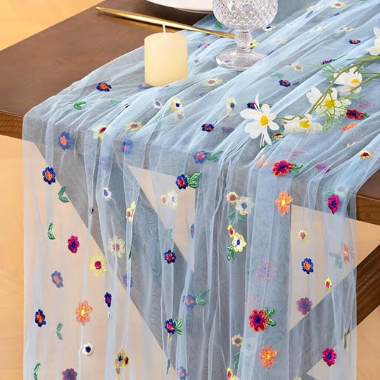 Socomi Flower Table Runner Summer Daisy Floral Tulle Gauze Cheesecloth Embroidery Table Runners for Tea Party Garden Wedding Bridal Baby Shower Birthday Picnic Decor Blue 1pc