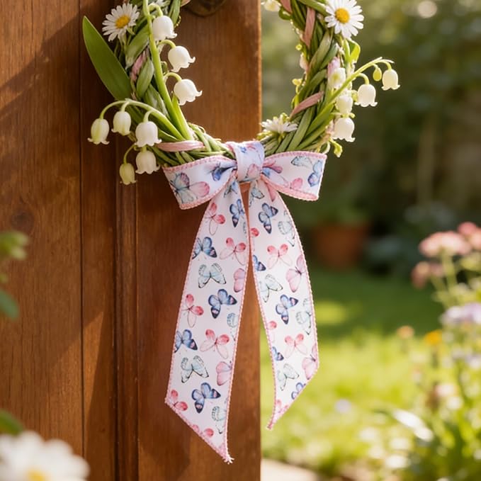 Meseey Spring Wired Edge Ribbon Pastel Butterfly Summer Decoration Ribbons for Wreaths, Crafts, Garlands, Gift Wrapping (Gradient Butterfly, 2.5 Inch)