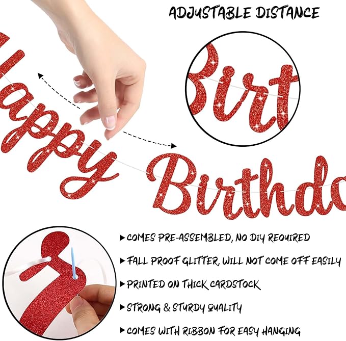 Glitter Happy Birthday Banner, DIY Birthday Party Banner Sign Decor for Women Girls Kids, Teens Adults 10 Feet, Reusable Celebration Party Supplies Garland Backdrop Decorations Signs (Red)
