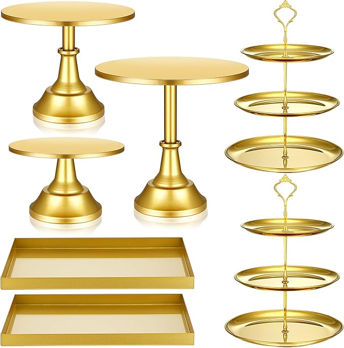 Tioncy 7 Pcs Cake Stand Set Metal Cupcake Holder Dessert Table Display Cupcake Display Plate Serving Platter Dessert Table Stands and Trays Set for Baby Shower Wedding Birthday Xmas Party (Gold)