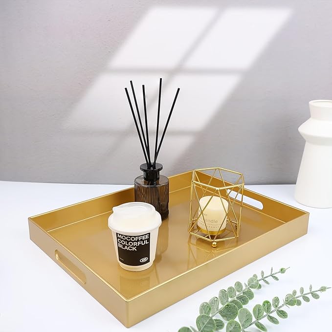 Spsyrine Gold Plastic Serving Tray for Ottoman, Coffee Table, Rectangle Decorative Tray for Entertaining, Outdoor, Living Room, Home Decor