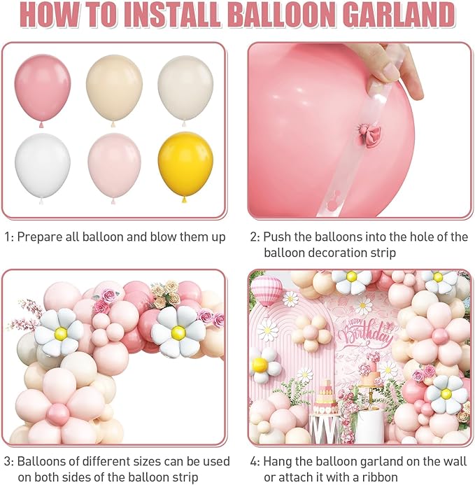 Daisy Balloon Garland Arch Kit,Retro Pink Sand White Hippie Boho Flower Balloons Garland For Birthday Baby Shower Bridal Wedding Groovy Party Decorations