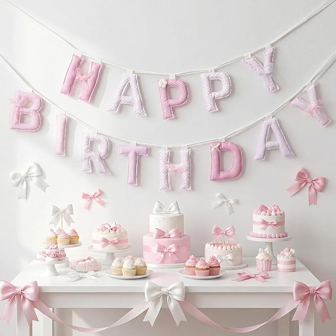 Suncalla Pre-strung Happy Birthday Banner Sign Reusable Felt Happy Birthday Garland Hanging Decorations Party Bunting Garland for Party Decor Photo Pro Home Backdrop(Cute,Pink)