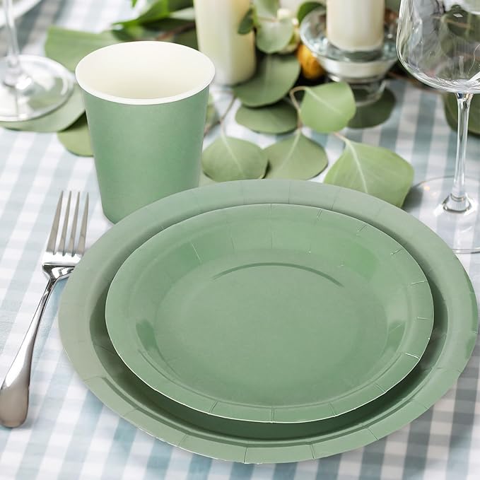 Whaline 100Pcs Sage Green Tableware Set Wedding Disposable Dinnerware Set 50 Paper Plates 25 Napkin 25 Cups for Wedding Birthday Bride Baby Shower Party Supplies Table Decorations
