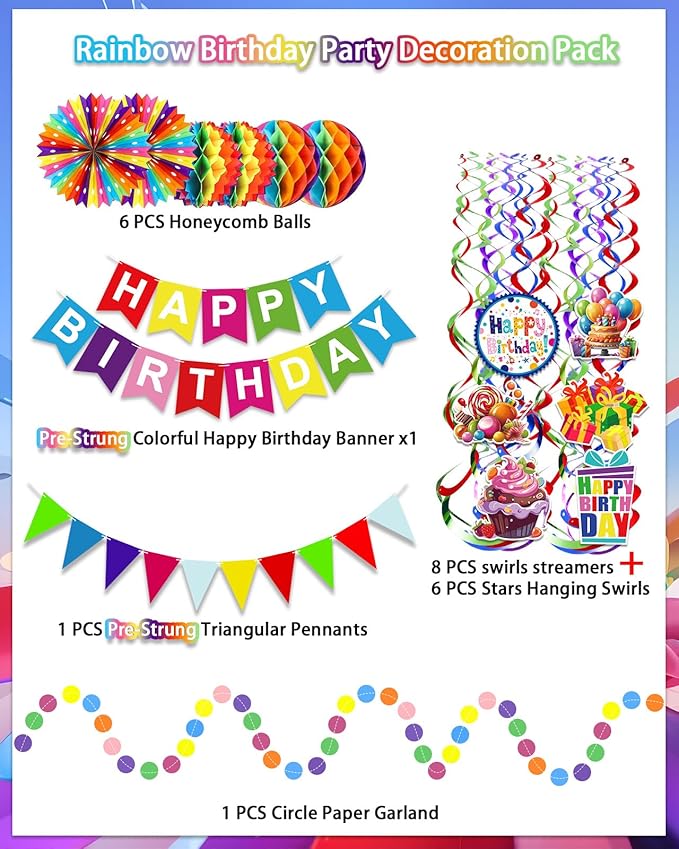 Pre-Strung Colorful Happy Birthday Banner Paper Triangle Flag Bunting Circle Confetti Dots Hanging Garland And Honeycomb Ball Swirl Streamers for Birthday Baby Shower Party Decoration