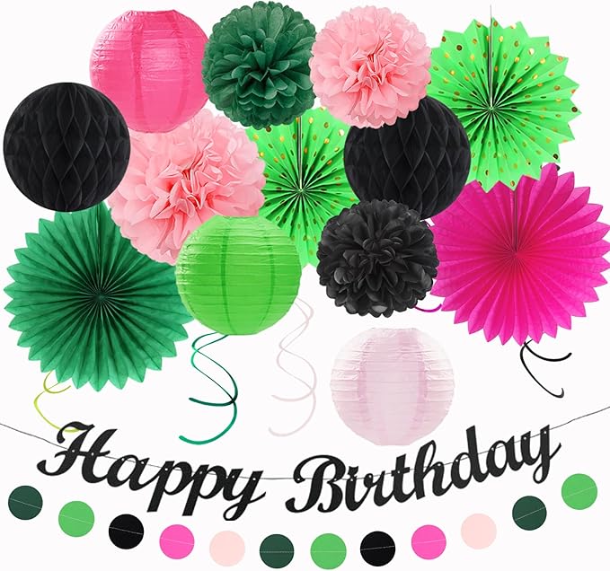 Green Hot-Pink Black Summer-Hawaiian Birthday Decorations - 21pcs Girls Woman Happy Party Banner Garland,Tropical Beach Pool Paper Streamers Lanterns,Flower Tissue Pom Poms Fan Supplies Decor Huglony