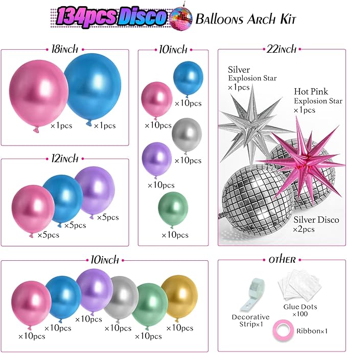 FOTIOMRG 135pcs Disco Balloon Arch Kit with Disco Ball Balloons Silver Blue Green Purple Hot Pink Gold Metallic Balloons, Star Disco Foil Balloons for Birthday 70S 80S 90S Disco Party Decoration