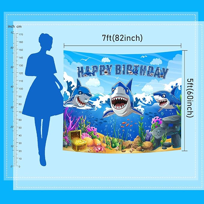 Mocsicka Shark Birthday Backdrop Shark Themed Under The Sea Happy Birthday for Boys Party Decorations Cake Table Banner Photography Background Party Supplies