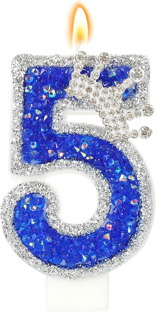 Blue Birthday Candle Crown Number 5 Candle with Sequins Cake Candles Cupcake Decorations Party Decor for Anniversary Celebrations Supplies