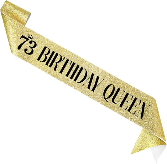 73 Birthday Queen 73rd Birthday Sash for Women, Gold Glitter Sash with Black Foil
