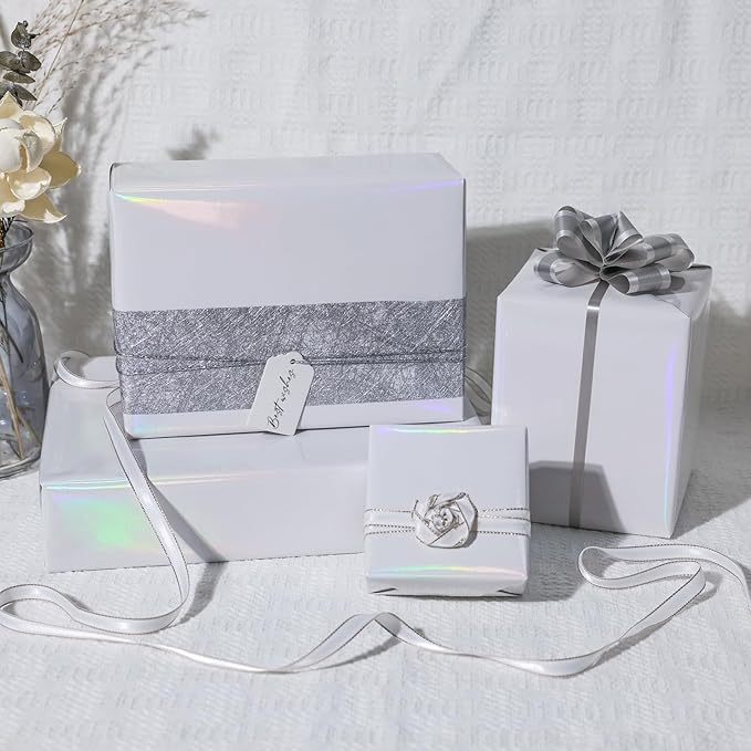 NESCCI White Metallic Wrapping Paper, Solid Color Paper,Gift Wrapping Paper,Perfect for Wedding,Valentine's Day,Birthday, Christmas,Baby Shower,DIY Bouquet (17 Inches X 32.8 Feet)